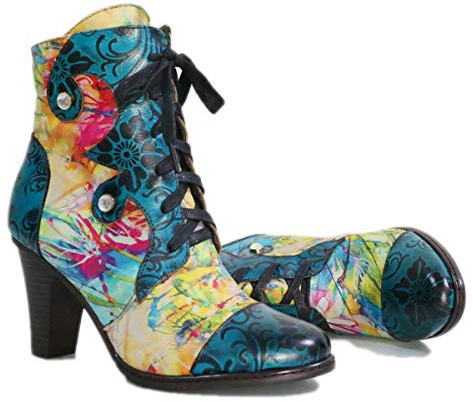 CrazycatZ Womens Leather Ankle Boots Block Heel Boots Bohemian Splicing Lace Up Colorful Bootie (8 UK, Floral) Multi