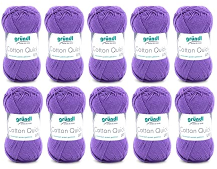 Gründl Wolle Cotton Quick uni Häkelgarn 10 Knäuel 50 g, Lila | dünne Wolle zum Häkeln - Strickgarn - Häkelgarn - Glänzend und hautfreundlich - 100 % Baumwolle - 50 g / 125 m