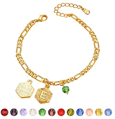 FOCALOOK Buchstabe E Fußkette mit Geburtsstein personalisiert Hexagon Anhänger 22cm Figarokette Initiale Fußband 18k vergoldet Armband Sommer Strand Schmuck für Damen Mädchen