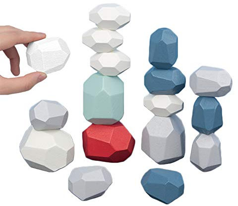 Holz Stapeln Spielzeug, 16 Stück Meditations Balancier Steine, Holzsteine Bausteine Set, Holzsteine Stapelspielzeug, Montessori Spielzeug für Kleinkinder, Jungen Mädchen & Heimschmuck