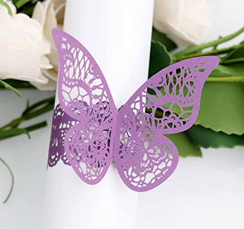 qbodp Einweg-Serviettenringe,100Er-Set,Makramee-Serviettenringe Zum Aushöhlen Für Die Hochzeit,Tischdekoration,Serviettenschnallen Aus Papier,Schmetterling,Lila
