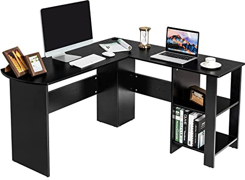 LIFEZEAL Escritorio de Esquina, Mesa para Ordenador en Forma de L, Estación de Trabajo con Estantes de Almacenamiento y Agujeros para Cables, Escritorio de Oficina, 130cm+130cm (Negro)