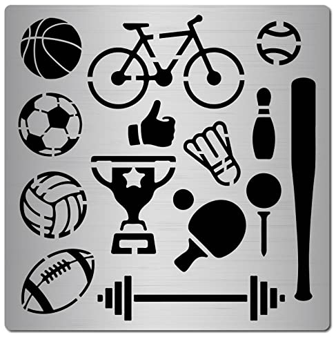 CREATCABIN Sportschablonen Metallstanzungen Plaques Schneideball Fußball Basketball Rugby Fahrrad Medaille Zum Malen DIY Scrapbooking Basteln Fotoalbum Dekorative Prägung Kartenherstellung 16 x 16cm