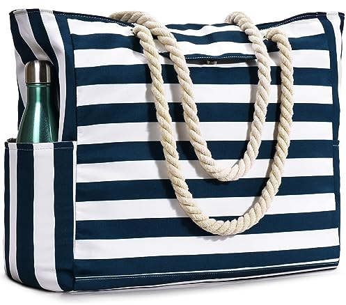 oscaurt Strandtasche, Badetasche Wasserdicht Streifen Strandtasche mit Reißverschluss mit Nasstaschee Grosse Strandtasche xxl Familie