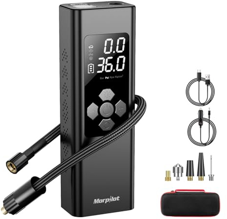 Compressore Aria Portatile da 9000mAh, Morpilot 150PSI Gonfiatore con Batteria Ricaricabile, Doppio Schermo LCD Digitale, 4 Ugelli, Pompa Elettrica per Bicicletta, Auto, Moto, Palloni