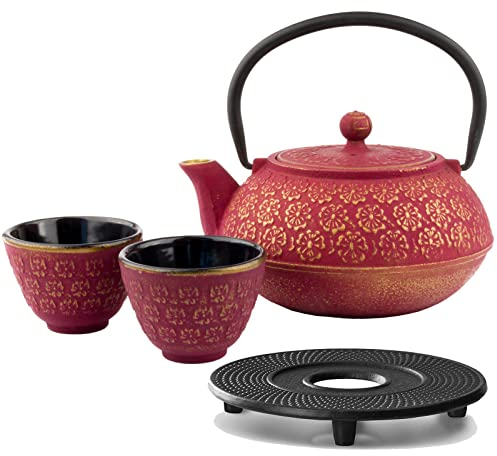 Bredemeijer Gusseisen Tee Set 0.6 Liter Teekanne mit Kannenuntersetzer & 2 Guss-Tassen (Becher) & Edelstahl Tee-Filter Sieb-Einsatz - ideal für lose Teesorten
