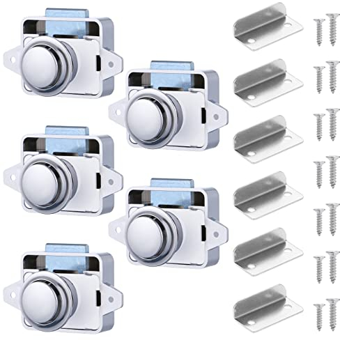 HSEAMALL Lot de 5 loquets à bouton poussoir, serrures de tiroir pour armoire, serrure à cliquet sans clé pour caravane, camping-car, van de camping, bateau, chromé