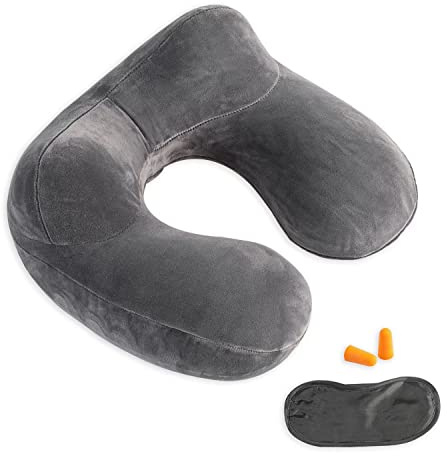 Makimoo Oreiller de voyage gonflable, coussin de nuque pour voyage, avion, voiture et bureau avec sac de transport compact, housse en velours doux lavable, idéal pour les dormeurs adultes (gris)