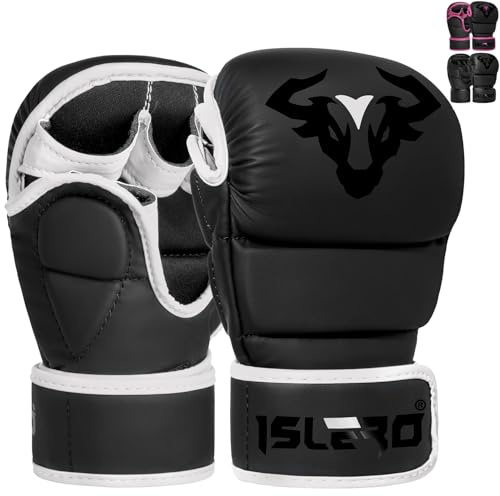Islero Fitness matt svarta MMA-handskar kampsport vantar brottning sparring män muay thai bur strid boxning strid sport kvinnor rosa UFC boxningssäck träning (vit, liten)