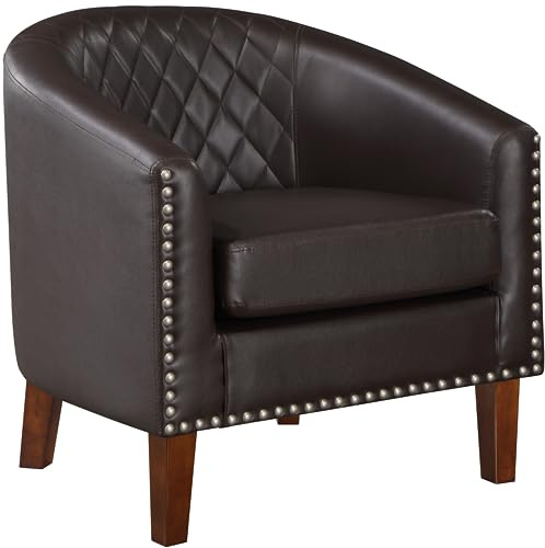 Prilinex Comfy Barrel Accent Chair - Faux Leather Living Room Chair Club Chair with Cushion, Diamond Grid Backrest & Nailhead Trim, Guest Chair for Office, Bedroom & Waiting Room, Brown