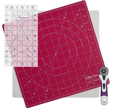 The Quilted Bear 12 x 12 Self-Healing Rotating Cutting Mat with 6.5 x 12 Non-Slip Quilting & Sewing Ruler & 45mm Ergonomic Soft Grip Rotary Cutter - Pink