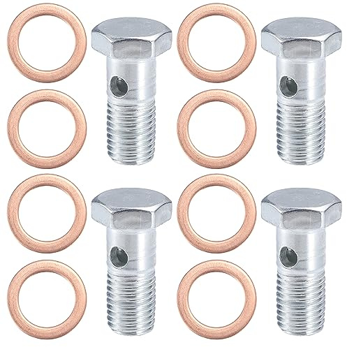 A ABSOPRO Banjo Hohlschrauben M12x1,5 32mm Länge 4 Stück Für Motorradbremse | Farbe: Silber & Kupfer, Material: Metall, Für Motorradbremssättel & Kupplungsmeister, 8 Unterlegscheiben, ID12,2mm, AD17,8mm