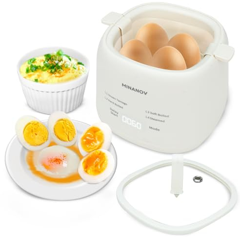 MINANOV Egg Maker - Electric Egg Cooker with Auto Shut Off and Alarm- Egg Maker Machine for Hard Boiled, Soft Boiled, Steamed Eggs, Onsen Tamago - Smart Egg Cooker for Home,Kitchen, RV,Camping