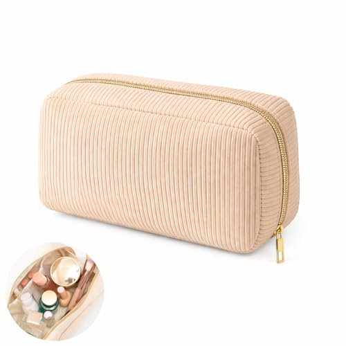 Trousse Maquillage Grande Capacité pour Femme, Homme, Fille, Garcon, en Velours avec Compartiments. Trousse Scolaire, De Toilette, Rangement pour Makeup, Accessoires Bebe Ou Voyage (Beige)