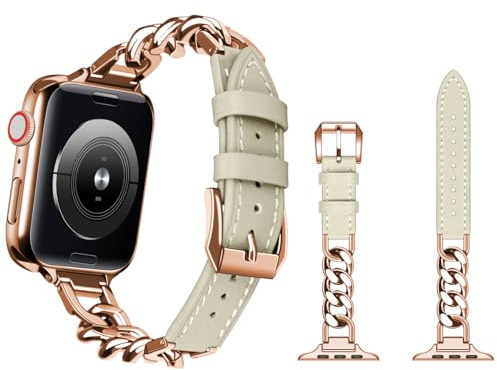 YISIWERA Chain Leather Watch Straps Compatible with Apple Watch Strap 38 mm 40 mm 41 mm 42 mm 44 mm 45 mm 49 mm Women's Genuine Leather Watch Strap for iWatch Ultra/Ultra 2 Series 9 8 7 6 5 4 3 2 1 SE