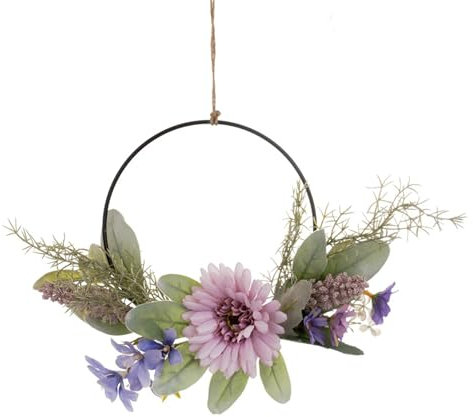 Corona de flores artificiales de 14 pulgadas, corona de margaritas artificiales para puerta, guirnalda floral falsa, corona de margaritas moradas falsas con hojas verdes artificiales para granja,