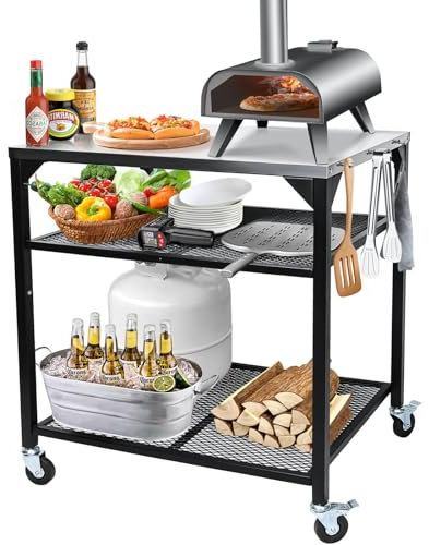 Tavolo da forno per pizza per Ninja Woodfire, Blackstone, Cuisinart, 81 x 61 cm, in acciaio inox, carrello per la preparazione della griglia all'aperto con ganci, stazione alimentare portatile