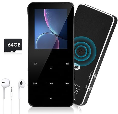 Lecteur MP3 de 64 Go avec Bluetooth 5.0, Lecteur MP3 Enfant Haut-Parleur HD, Enregistreur Vocal, Radio FM, Fonction Réveil, Livre électronique, Extensible à 128 Go, écouteurs Inclus