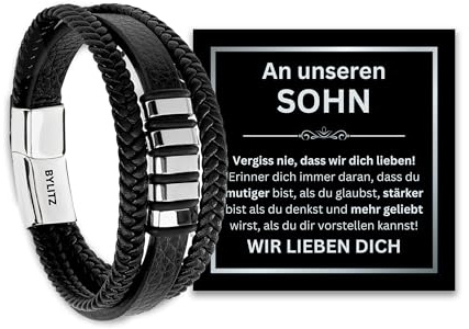 Leder Armband mit Geschenk-Box An meinen Sohn Mann Schatz Geschenk mit personalisierter Glückwunschkarte für Männer Herren Jugendliche Jungen Geburtstag Weihnachten (23cm, Personalisiert - Silber)