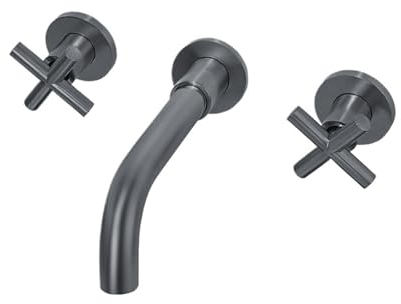 1 Stück Badezimmer-Waschtischarmatur, gebürstetes Gold, Wandmontage aus Messing, Doppelgriff-Mischbatterie, heißes und kaltes Bad, Badewannen-Wasserhahn-Set (Color : Grey A, Size : G1/2)