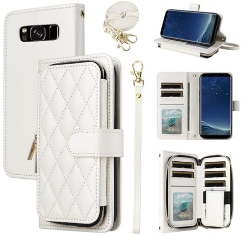 ELISORLI Wallet Case for Samsung Galaxy S8 with Detachable Wrist Strap, Shoulder Strap, 9+ Card Slots Zipper Purse, Luxury PU Leather Stand Cell Phone Cover for S 8 8S Edge SM-G950U Girls White
