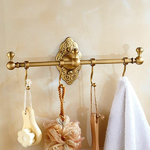 RustyVioum Wall Mounted Brass Towel Bar with 4 Hooks, European Retro Brass Towel Hook Rack, Antique Brass Bathroom Towel Hook Rack for Entryway Bathroom Bedroom, 14.17 * 2.95inch
