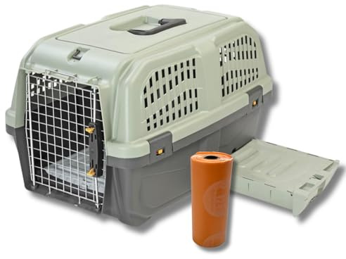 Pet's Market Trasportino Skudo Cat Travel con Lettiera Incorporata Rigido in Plastica con 2 Rotoli di Sacchetti Igienici Gatto Con Toilette Porta Lettiera per Viaggi Colore Grigio 60x40x39h cm