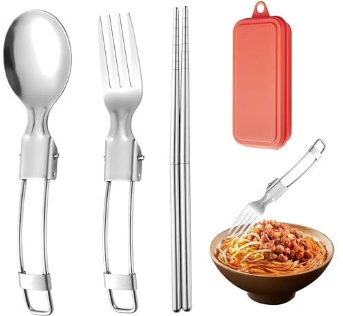 Camping-Besteck-Set, tragbares Besteck-Set mit Koffer - Faltbare Lunch-Besteck-Sets für die Arbeit | Wiederverwendbare Campingbesteck-Sets aus Edelstahl, Reise-Lunch-Utensilien-Set für die Arbeit, Ges