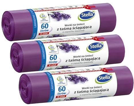 STELLA 009909 Müllbeutel mit Zugband 60 L | 10 Stück | Lavendelduft | Müllsack Mülltüte Abfallsäcke für Den Hausmüll Büro aus LDPE-Folie Hergestellt/aus Regranulat Farbe: Lavendel/Violette