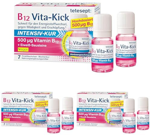 tetesept B12 Vita-Kick Trinkampullen Intensiv-Kur – Nahrungsergänzungsmittel für den Energiestoffwechsel, gegen Erschöpfung - hochdosierte Vitamin B12 Ampullen – Wochenpackung à 7 Trinkfläschchen