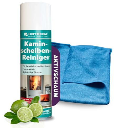 HOTREGA Kaminscheibenreiniger 300ml | Rußlöser & Ofenglasreiniger Set | Aktivschaum gegen Rauchharz & Fett | Inklusive Microfasertuch | Für Kamin- & Ofenscheiben | Streifenfreie Reinigung
