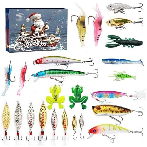 Calendario dell'Avvento 2024 per il conto alla rovescia di Natale, set di esche con amo da pesca, per adulti, regalo per la pesca, attrezzatura da pesca, calendario dell'Avvento, per amanti della