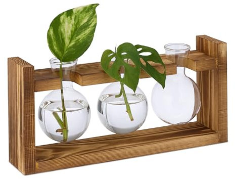 Relaxdays Ständer Reagenzglas Vase, runde Glasvasen mit Halterung, Blumen & Pflanzen, HxBxT: 13x28x6,5 cm, transparent/Natur, Rund