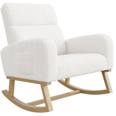 DIYHOM Schaukelstuhl Sessel, Teddystoff Gepolsterter Stillsessel Relaxstuhl für Wohnzimmer, Schlafzimmer, Schaukelsessel bis 130 kg belastbarkeit, Weiß 79 x 69 x 87 cm