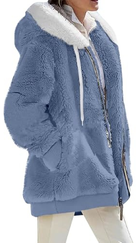 VDDTAGAM Fleecejacke Hoodie Damen Kapuzenpullover Teddy Fleecejacke Warm Herbst Wintermantel Stilvoller ReißVerschluss Fellmantel PlüSchjacke Mit Taschen