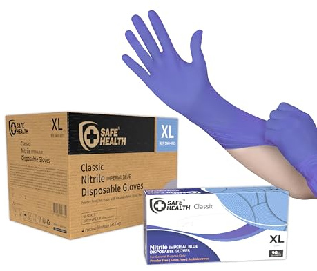 Safe Health Guantes desechables de nitrilo, talla XL, azul imperial, 900 unidades, sin polvo, sin látex, laboratorio de alimentos, pintura de conserje, acabado mecánico, ejecución de leyes, 3 mil