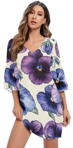 RPLIFE Blue Purple Pansies V Neck Line Dress Printed Chiffon Dress Chiffon Summer Dress Women, Blue Purple Pansies, S
