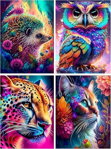 BEAYIOU 4 Packs Animal Paint by Number for Adults,DIY Cat Hedgehog Owl Paint by Number Kits for Adults Beginners,Watercolor Oil Painting Craft Art for Home Wall Decor12X16Inch