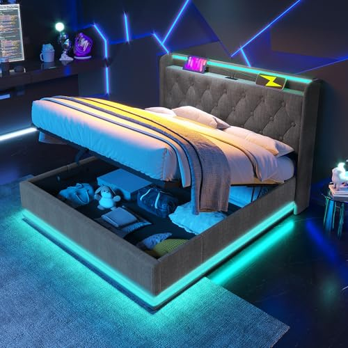 RIAZOS Polsterbett Doppelbett mit LED, Drucktaste/App/Fernbedienung, 180x200 cm, Grau Leinen-Material Hydraulisches Stauraumbett, Kopfteil mit USB Typ-C, Ohne Matratze