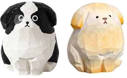 Framendino, 2 Pack Mini Wood Dog Figurine Small Wooden Puppy Statue Hand Carved Tiny Animal Figure for Collectibles Home Decor (White Dog, Border Collie)