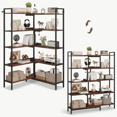 ELECWISH Corner Bookshelf 5 Tiers, 146cm Deformable Corner Bookcase, L-Shaped Industrial Corner Shelf Unit, Adjustable Storage Display Rack for Living Room, Home Office, Study Room, Rustic Brown