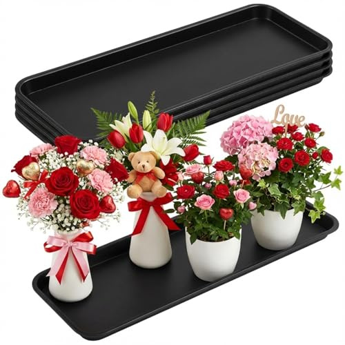 Cinnvoice Blumentropfschalen aus Kunststoff, rechteckig, für Entwässerung, Keimung, Garten, Innen- und Außenbereich, Schwarz, 4 Stück (58,2 x 20,3 x 2,2 cm)