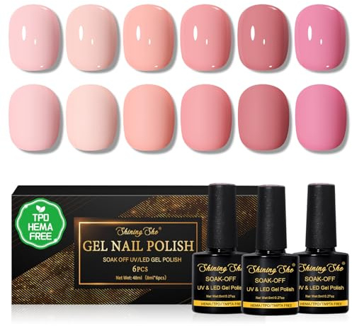 Shining She Semi permanent rosa nagellack, 6 färger ljus/mörk/levande rosa naken persika utan TPO utan HEMA gel lack soak off UV/LED nybörjare nagellack DIY nagelkonst, 8 ml