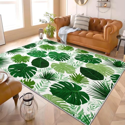 Tappeto moderno in Pelo Corto 60x90 cm Moderno Pianta Monstera Deliziosa Morbido Antiscivolo Lavabile Tappeto Non perde pelo Verde ideale Soggiorno, Camera, Sala da pranzo