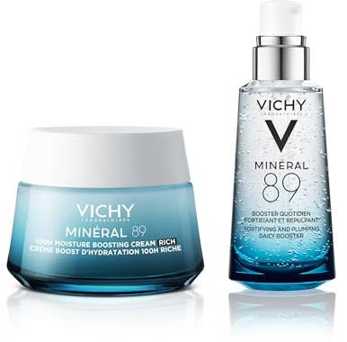 VICHY | Minéral 89 Set | Booster 50 ml + Reichhaltige Creme 100H 50 ml | Langanhaltende Feuchtigkeitspflege | Stärkt die Feuchtigkeitsbarriere der Haut | Vichy Vulkanwasser & Hyaluronsäure