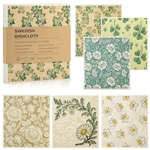 Swedish Dishcloth Set of 6 - Absorbent Friendly Reusable Cellulose Swedish Dish Cloths for Cleaning Pots and Bowls, Biodegradable Kitchen Rags, Eco-Friendly Cellulose Sponge Dish Cloth (Retro floral)