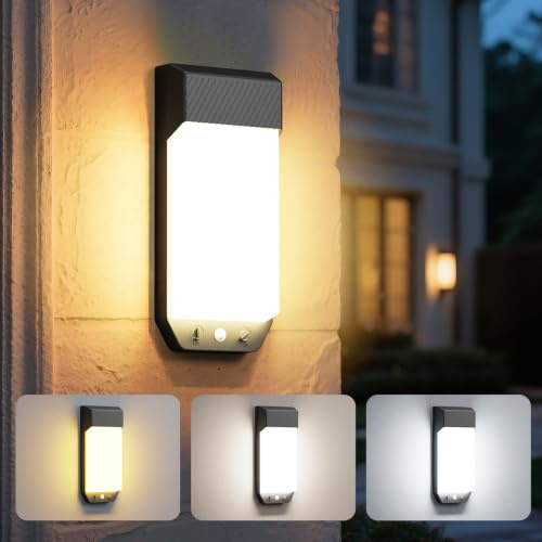 LOTMOS Aussenlampe mit Bewegungsmelder, 3 Farben 3000K/4000K/6500K Lampe | IP65 Wasserdicht Außenlampe Wand mit Timer, 16W 1600LM Wandleuchte Aussen für Terrasse Eingang Flur, Großformat Schwarz