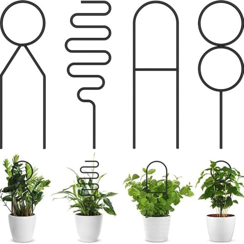 Metal Plant Trellis for Climbing Plants, 4pcs Irregular Vine Support Frame for Hoya, Philodendron, Jasmine, Sturdy Garden Stake for Indoor Outdoor Potted Plant(Cross Bar Black)