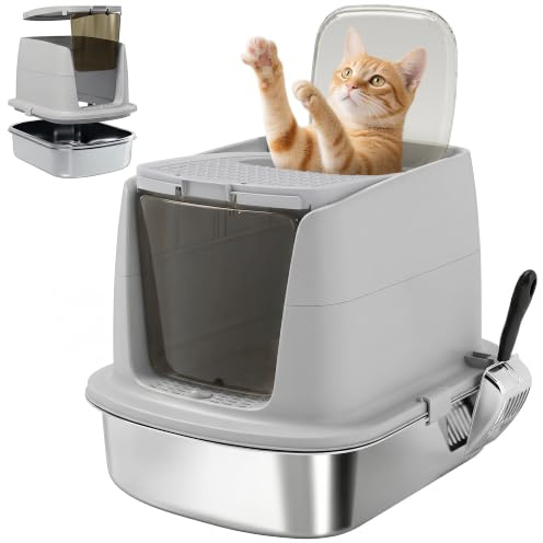 PawHut Lettiera per Gatti Chiusa Acciaio Inox con Pareti Alte Grigio Chiaro | Ribaltabile, Toilette per Gatti, Doppia Porta, Paletta, Antiperdita, Antiodore, Facile da Pulire, 52.4x41.3x39.8 cm