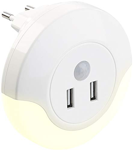 Luminea Automatik-Nachtlicht: LED-Steckdosen-Nachtlicht mit PIR- und Lichtsensor, 2x USB (10 Watt) (mit Bewegungsmelder USB, Steckdosenlampe LWS, Hub)